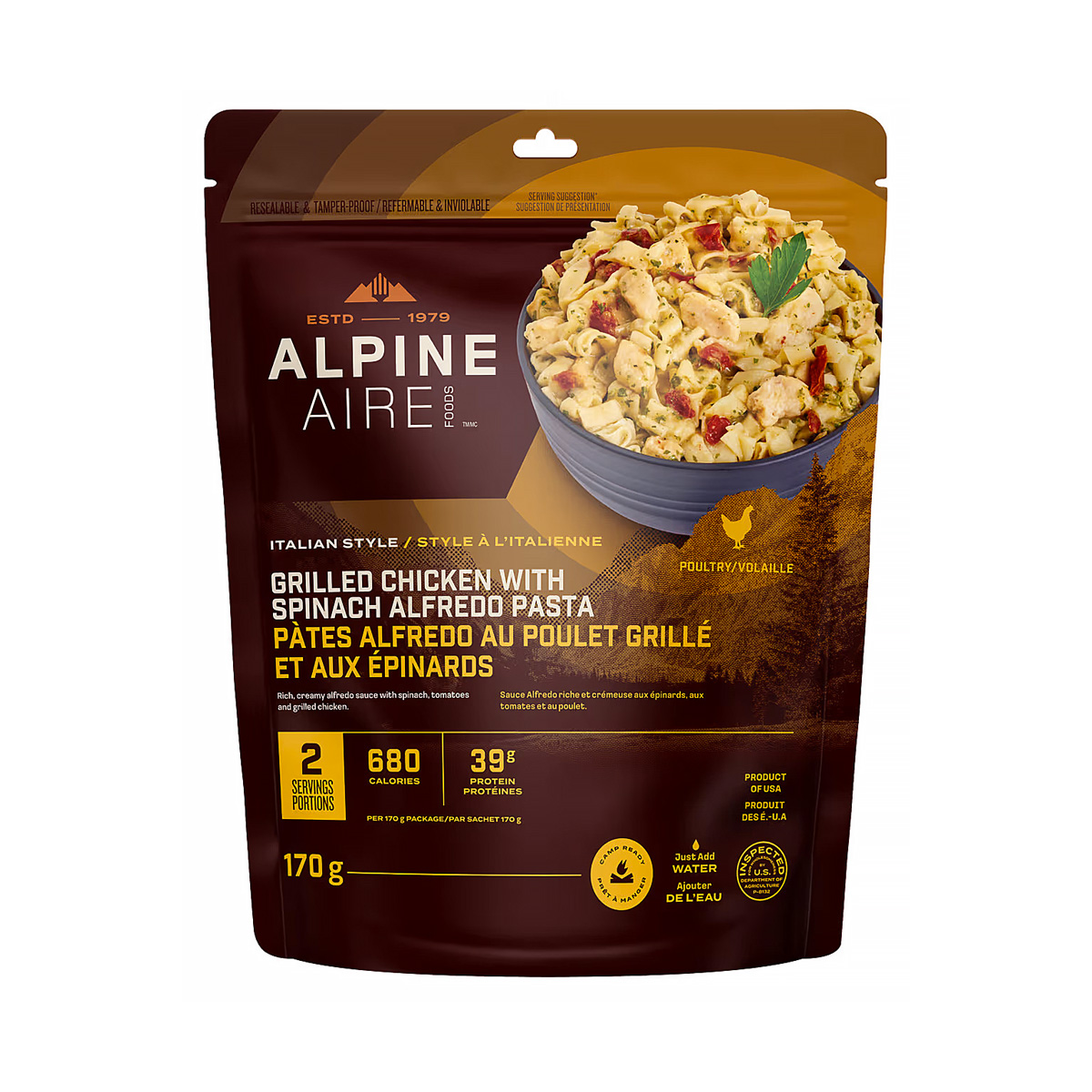 AlpineAire Foods - Pâtes Alfredo au poulet grillé et aux épinards